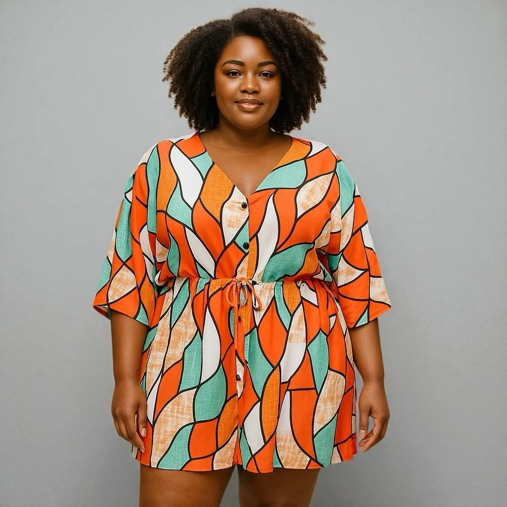 Shein Curve Multicolor Short Sleeve Romper Shorts‎ Jumpsuit Elastic Waist 1XL